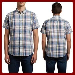 Ben Sherman Shirt Men's Small Plaid Short Sleeve Stretch Button Up Blue Pink Mod